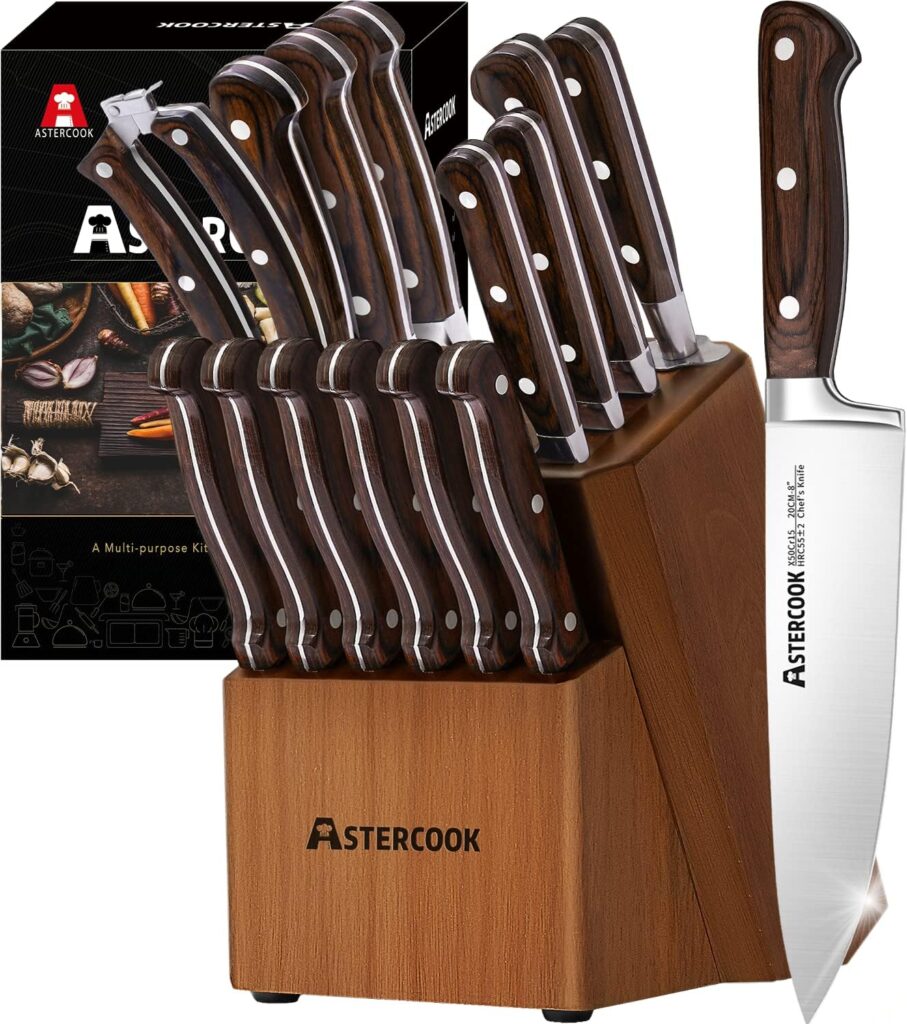 Astercook 15 Pcs Kitchen Knife Set With Wooden Block-Money Saved Deals