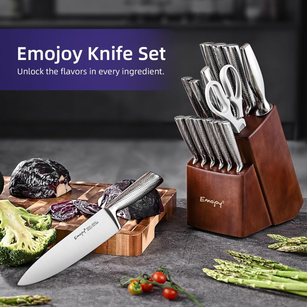 Emojoy 16-Piece Kitchen Knife Set with Wooden Block