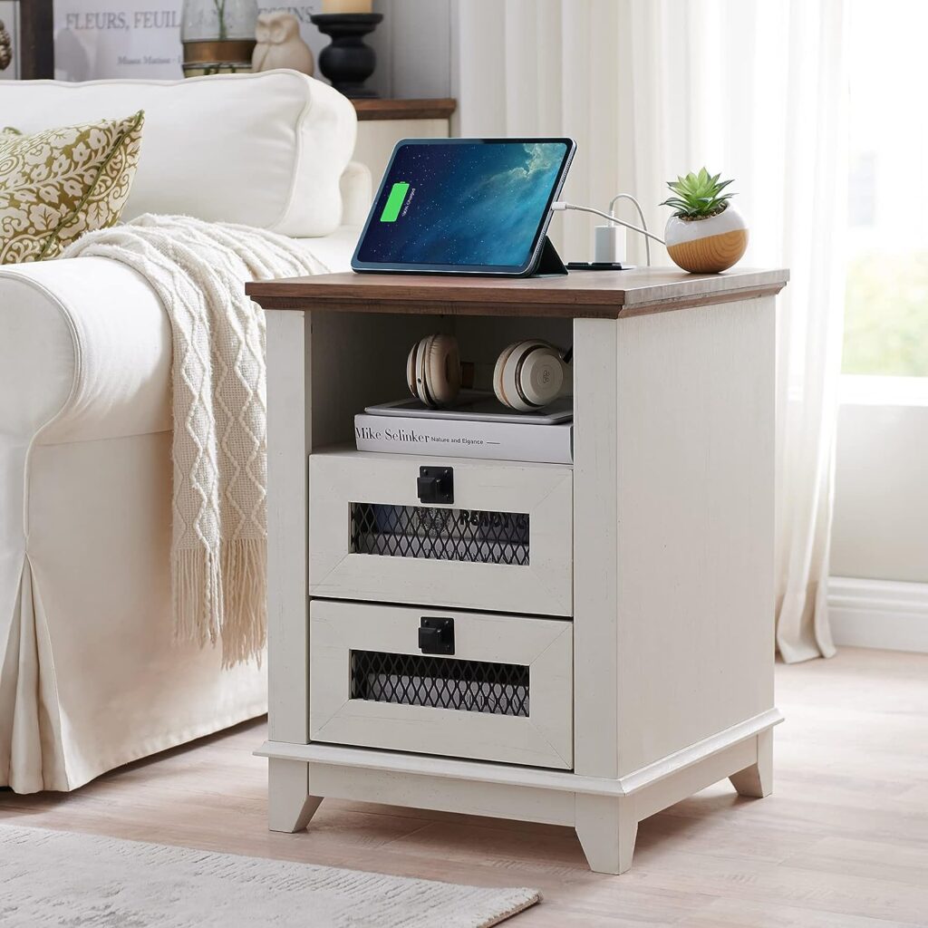 OKD Nightstand with Charging Station, 2 Drawers & Open Cubby